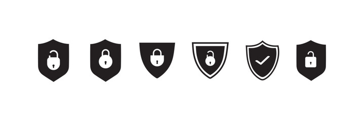 Security shield icons, security shields logotypes with check mark and padlock. Safety shield symbols. Vector illustration.