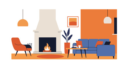 Cozy living room design with warm fireplace and seating arrangement, for relaxing