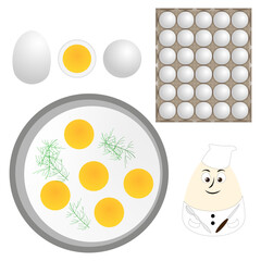 Fried egg vector. Breakfast food symbol. Cartoon chef egg. White background meal. EPS 10.