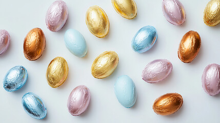 An overhead shot of foil wrapped chocolate easter eggs scattered on a white surface in different colors