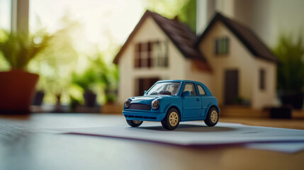 Blue toy car sits on paperwork near model houses homeownership dreams