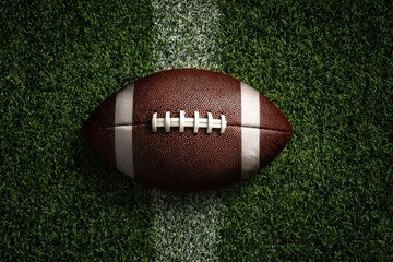 Top view of an American football resting on a green field marking, showcasing the texture and design of the ball during a practice session in early afternoon light