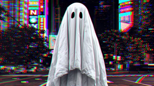 Eerie ghost figure draped in white sheet stands amidst vibrant neon lights, creating surreal urban landscape filled with mystery and intrigue
