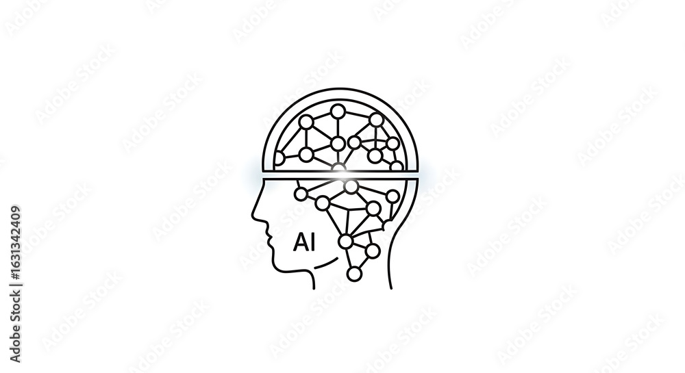 Poster outline of a head with ai written on it and connected nodes inside the head on a white background