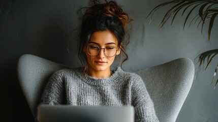 Focused Young Indian Woman Working on Laptop in Modern Home Office with Minimalist Design and Clean Background