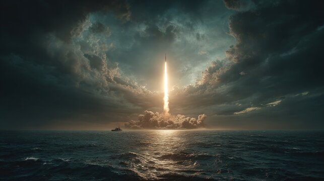 Rocket launch over stormy ocean