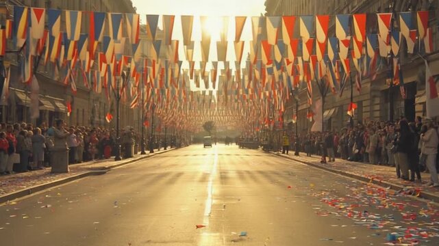 Festive street parade with colorful flags, crowds celebrating, and confetti on the ground