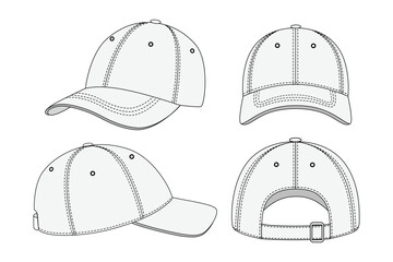 Set of four views of a white baseball cap, showing front, back, side, and angled perspectives with stitching and adjustable strap, isolated on white background, ideal for apparel mockups.