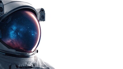 Astronaut's helmet reflects galaxy in visor on bright white background space
