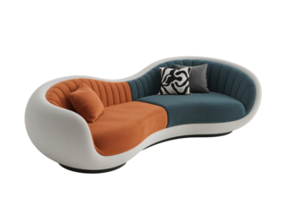 Contemporary curved sofa with vibrant orange and teal upholstery against a clean display