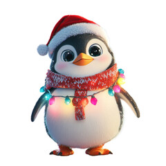 Fototapeta premium Penguin with Christmas lights on white background