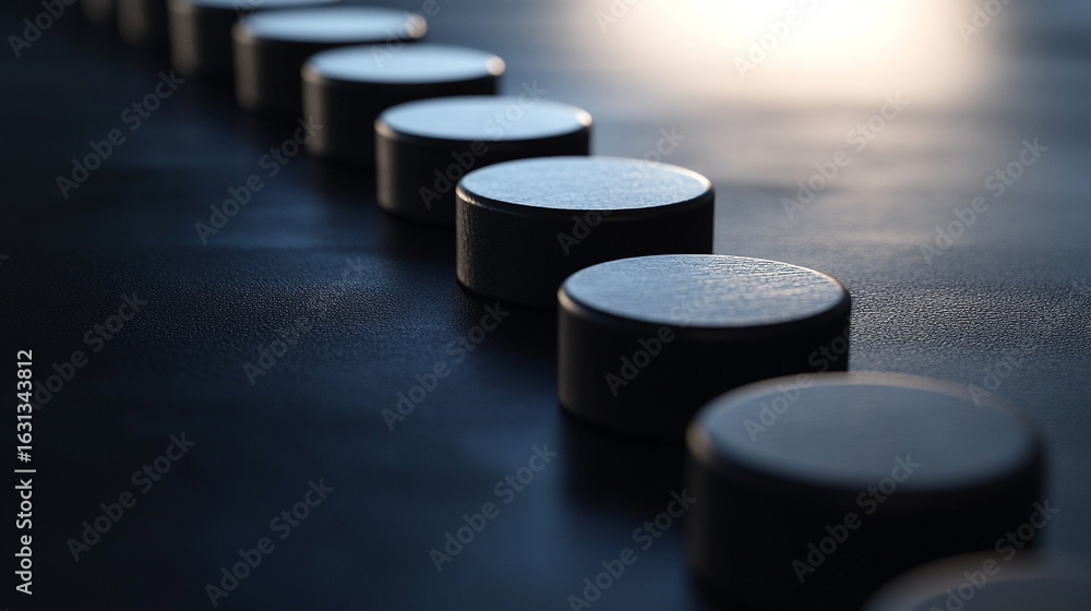 Poster dark cylinders in a row on a dark surface a path of progress