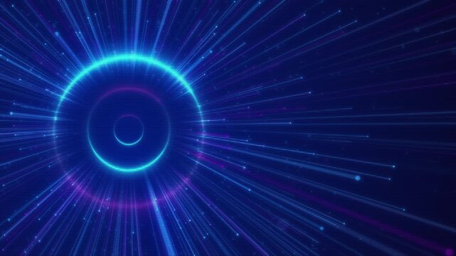 Glowing neon circle radiates dynamic energy beams across digital space highlights futuristic, sci-fi, cyber themes for technology backdrops, music visuals, data transitions, abstract animations. - Powered by Adobe