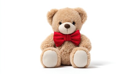 Fototapeta premium Cuddly plush bear with a bright red bow tie, isolated on a clean white background