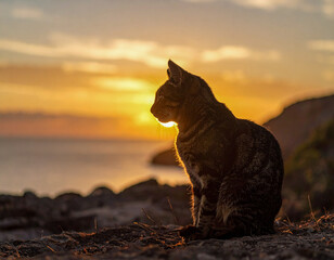 Silhouette of a tabby cat sitting on a rock, looking into the distance at the setting sun over the sea. The golden light of the sunset creates a halo around the outline of the cat, illuminating its fu