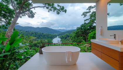 A luxurious outdoor bathroom located on a terrace. In the center of the frame is a modern white freestanding bathtub. A white towel hangs on the edge of the bathtub, and interior details are visible o