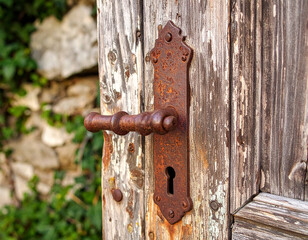 A close-up of an antique, heavily rusted metal door handle with a decorative escutcheon on an old, faded and cracked wooden door. The wood has a texture with peeling paint and signs of age. In the bac