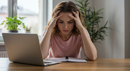 Young woman feeling stressed and frustrated while working on a laptop at home office, struggling with workload.