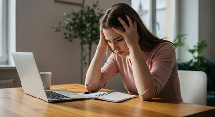 Young woman feeling stressed and frustrated while working on a laptop at home office, struggling with workload.