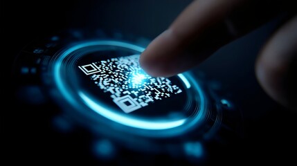 A close-up of a finger about to scan a glowing QR code, highlighting technology and connectivity in a dark setting.