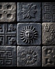 Twelve dark stone tiles, each with a unique embossed design