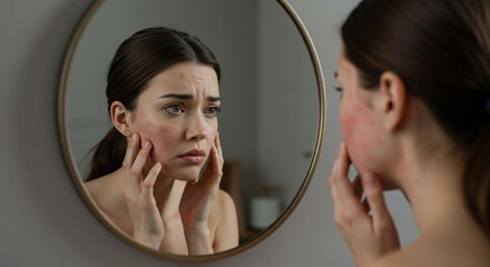 Young woman looking at her reflection with concern, checking facial acne and skin problems in bathroom mirror.