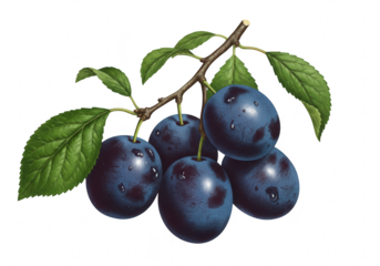 Realistic illustration of a branch laden with ripe, dark purple plums and green leaves, isolated on transparent background