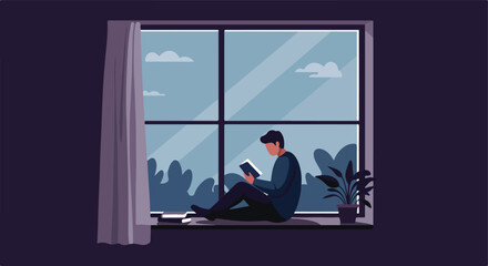 Man Reading Book On Windowsill; View of Nature Background; Relaxation, Well-being