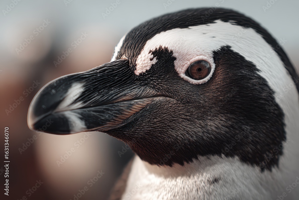 Poster close-up of a penguin showing its distinct features with a blurred background, showcasing natural ha