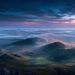 Misty mountain peaks at dawn, city lights below