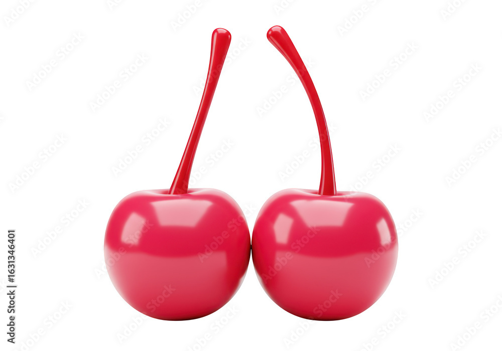 Poster two bright red cherries with stems isolated on transparent background