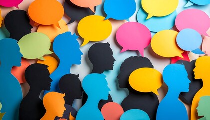 Colorful paper silhouettes of heads and speech bubbles