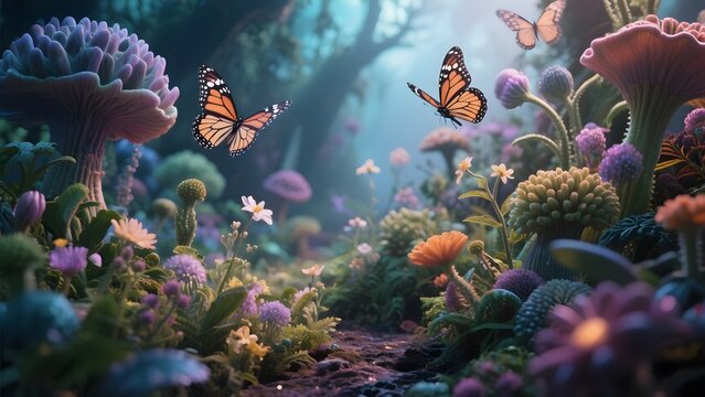 Butterflies flutter among vibrant flowers and lush foliage in a mystical forest setting.