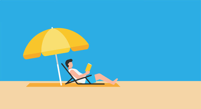 Reading man relaxing under umbrella in chair on beach with clear blue sky