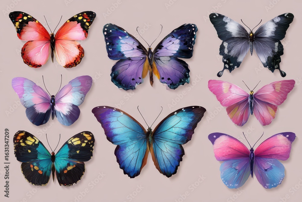 Poster colorful butterflies displayed in a vibrant vector design showcasing various species on a soft neutr