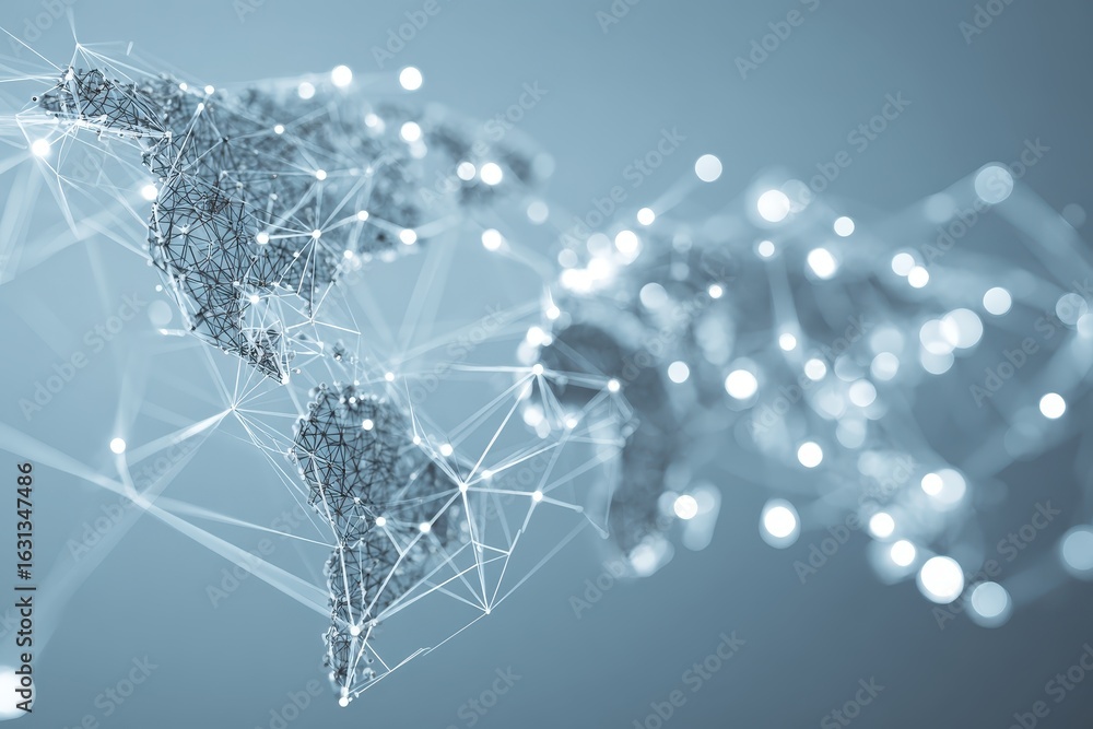 Poster digital world map with interconnected lines and nodes on a light blue background, showcasing global 