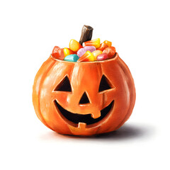 Watercolor Halloween pumpkin bucket filled with colorful candy.
