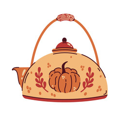 Vintage teapot, vector illustration. Cute autumn kettle with handle, lid, whistle. Seasonal kitchenware with pumpkin for Halloween, Thanksgiving, fall holidays. Pot for heating tea, water. Cartoon art