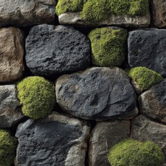 Mossy stone wall texture; dark, light, and medium-toned stones