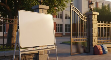 first day at school. father leads little child school girl in first grade
