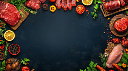 Assorted meats vegetables and spices arranged around a dark background