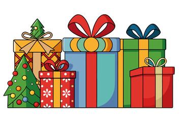 Christmas and Holiday Gift Box Vector Set with Bows, Ornaments & Wrapping Paper – Flat Colorful Style on White Background

