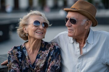 Happy senior couple enjoying a sunny afternoon together at a park, sharing joyful moments and laughter in a lively outdoor setting with friends nearby