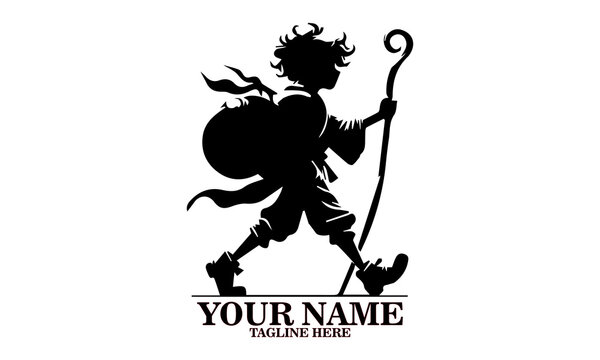 Engraved illustration vector of hobbit characters with curly hair and  walking stick. concept of hobbit day, hobbit logo design 