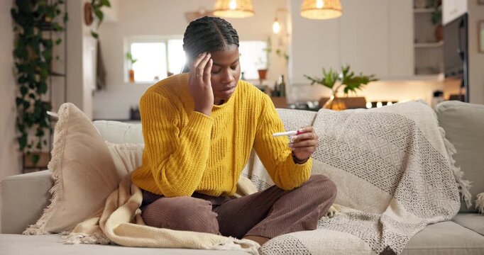 Stress, home and black woman on sofa, pregnancy test and anxiety with bad news in living room. Health risk, pregnant and African person on couch, maternity and check results with mistake or unplanned