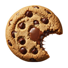 An extreme close-up of a bitten classic chocolate chip cookie, showcasing a human fingerprint on a glossy melted chip, isolated on a transparent studio background. Concept of human interaction with