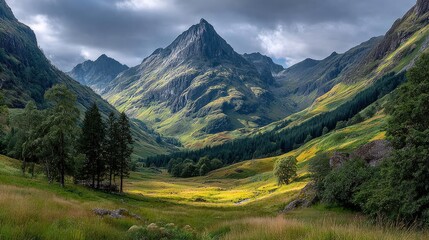 Picturesque valley nestled amongst dramatic, sunlit mountains. Lush green slopes, yellow wildflowers, and dark pine trees frame a serene landscape