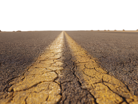 Desert Highway with Faded Yellow Lines and Heat Mirage, Low-Angle View, Isolated on Transparent Background