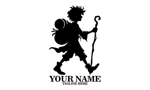 Engraved illustration vector of hobbit characters with curly hair and  walking stick. concept of hobbit day, hobbit logo design 