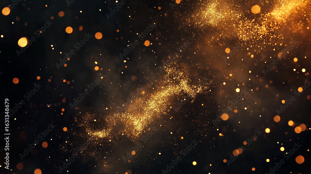 Poster golden sparkles and bokeh lights on dark background abstract glowing texture